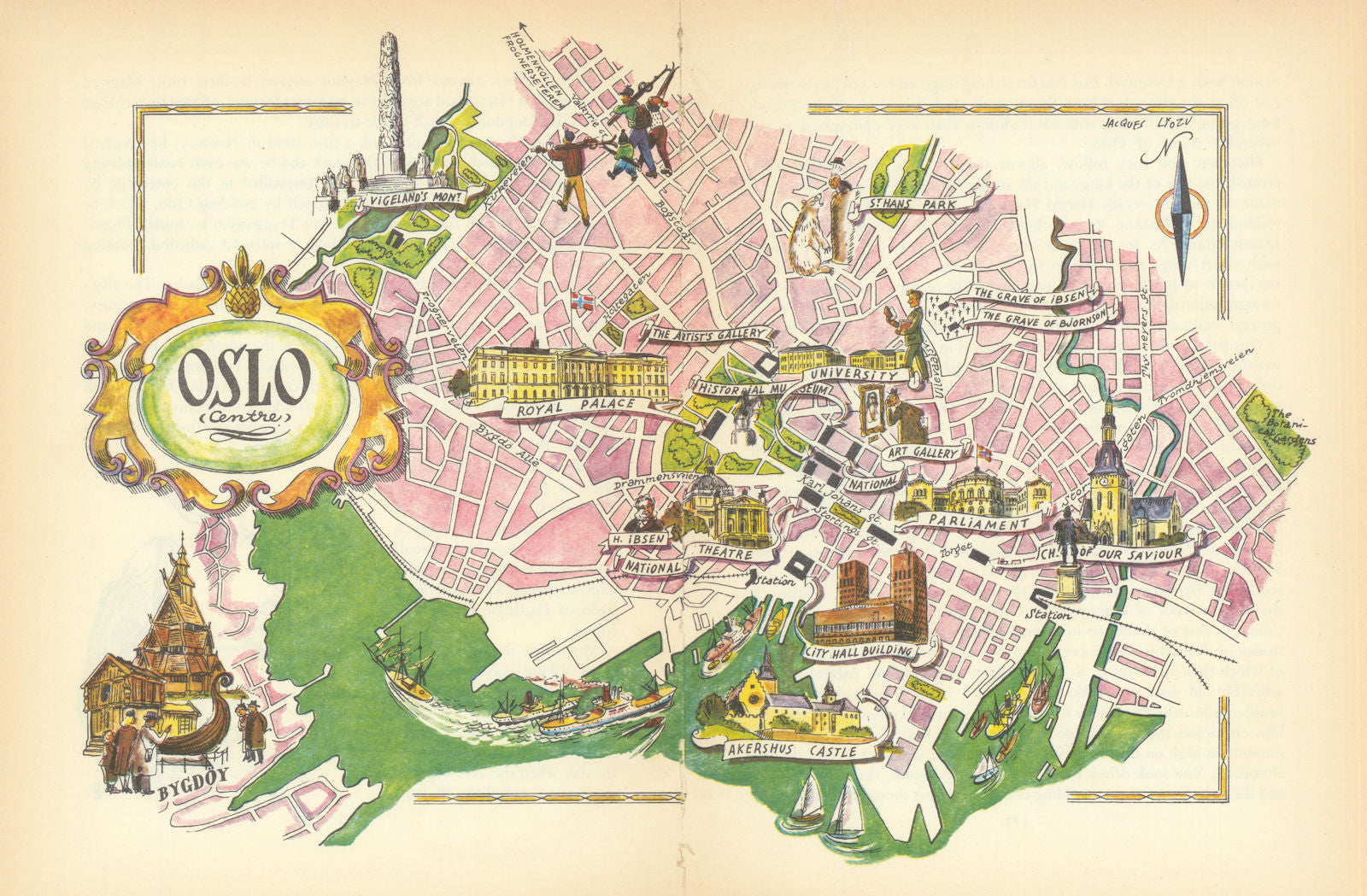 Oslo (centre) small pictorial city plan by Jacques Liozu. Norway 1952 old map